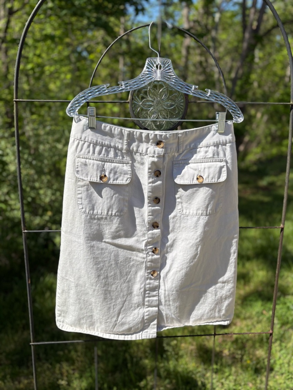 Vintage Basic Editions Cream Button-Front Knee Length Skirt Khaki Chino Cotton